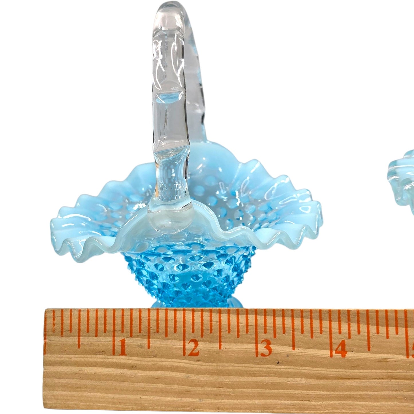 Fenton Blue Opalescent Hobnail Basket Set Uranium Reactive Ruffled Glass Pair