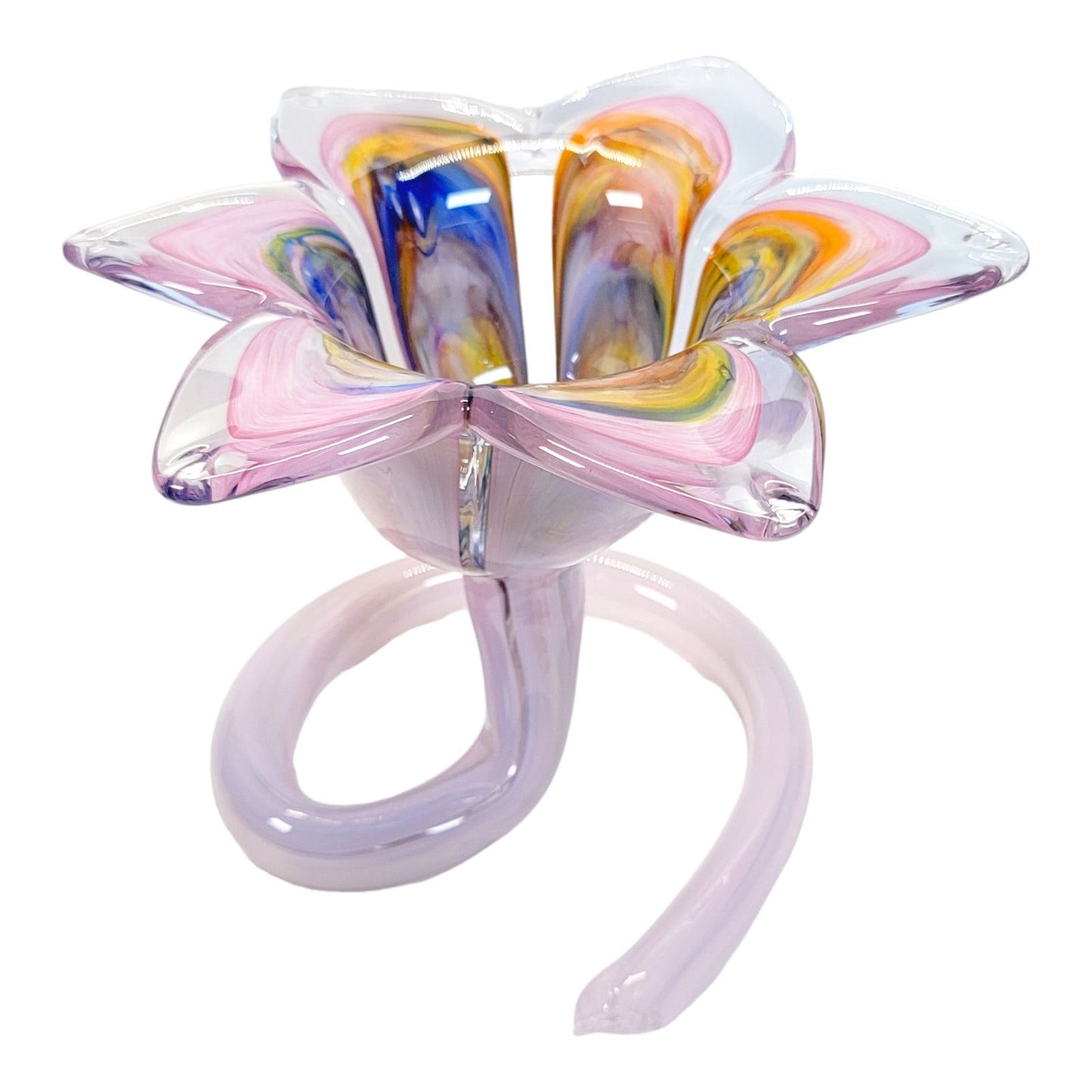 Beautiful Hand Blown Spiral Stem Art Glass Flower, Multicolor Flower with Lavender Stem