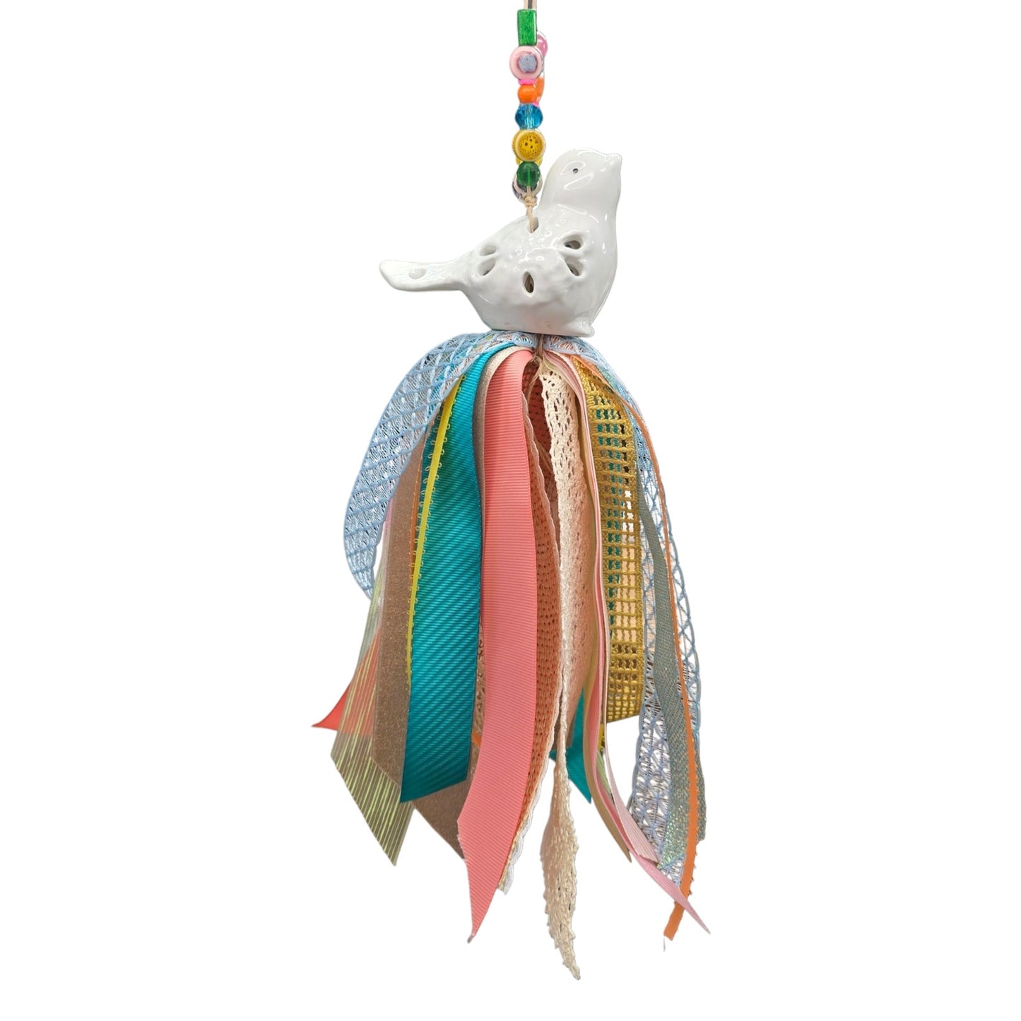 Ceramic Bird Tassel | Upcycled Ceramic Figurine Hanging Ribbon Decor Boho Farmhouse
