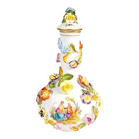 Antique Dresden Porcelain Perfume Flask with Lid, Ornate Flowers and Courting Couple, Made in Germany- Danni