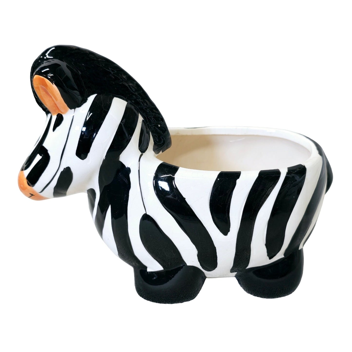 Fun Whimsical Ceramic Zebra Planter, Crazed