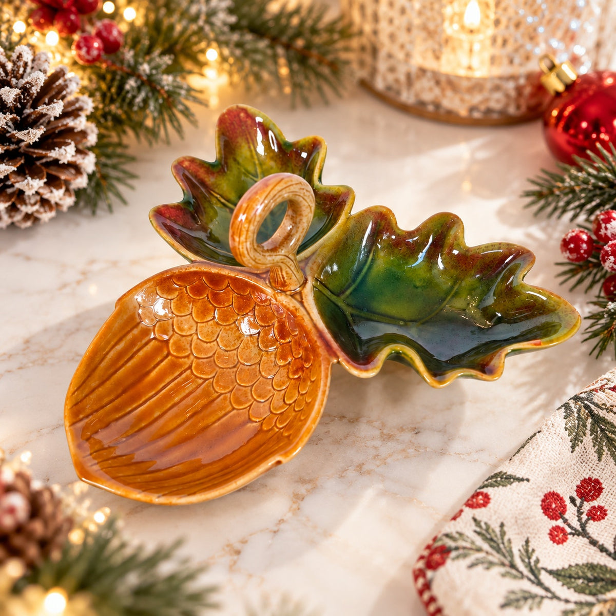 Ceramic Acorn Oak Leaf Divided Nut Candy Dish Fall Serving Tray