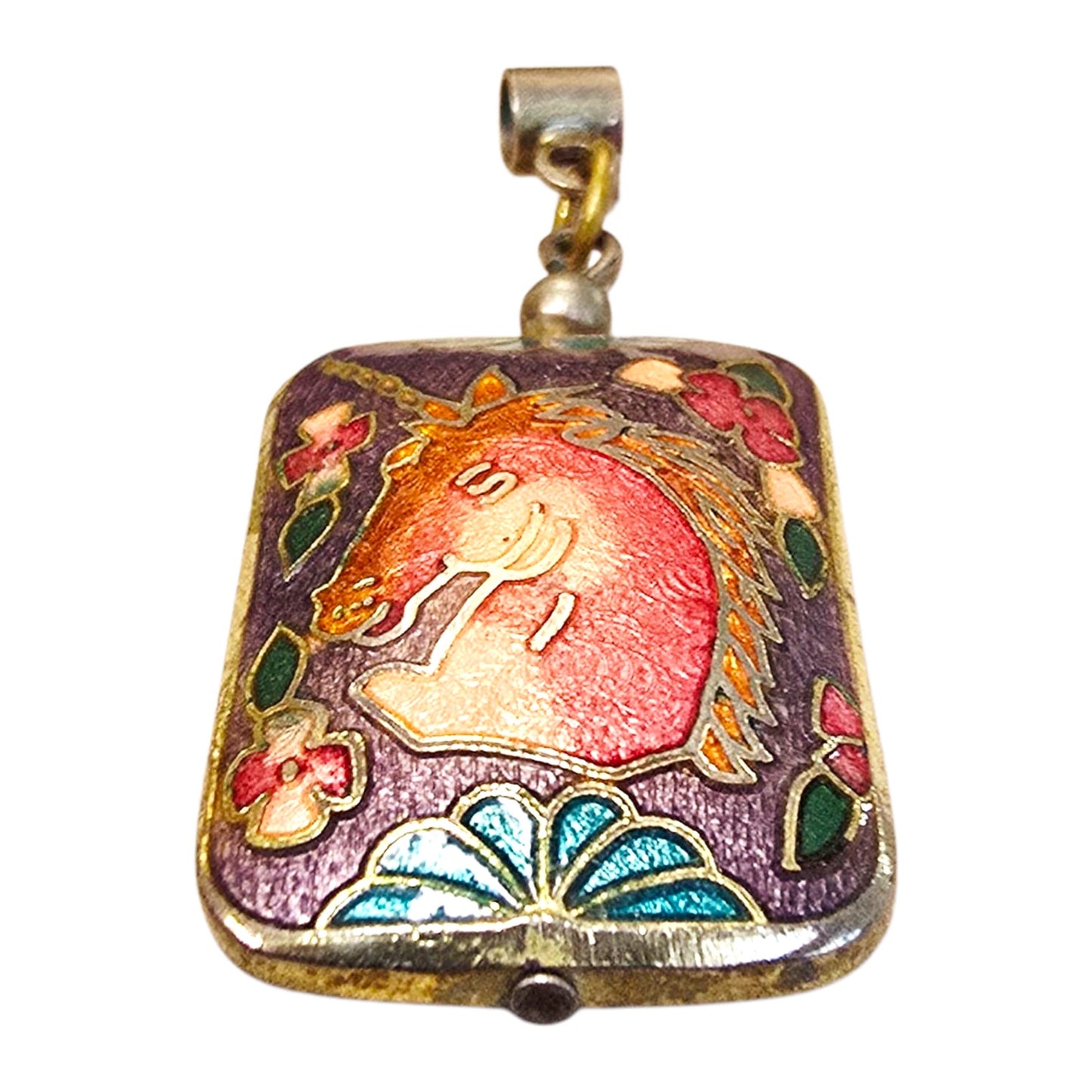 * Vtg Cloissone Unicorn Pendant Double Sided Puffy Gold Pink Purple Blue Green