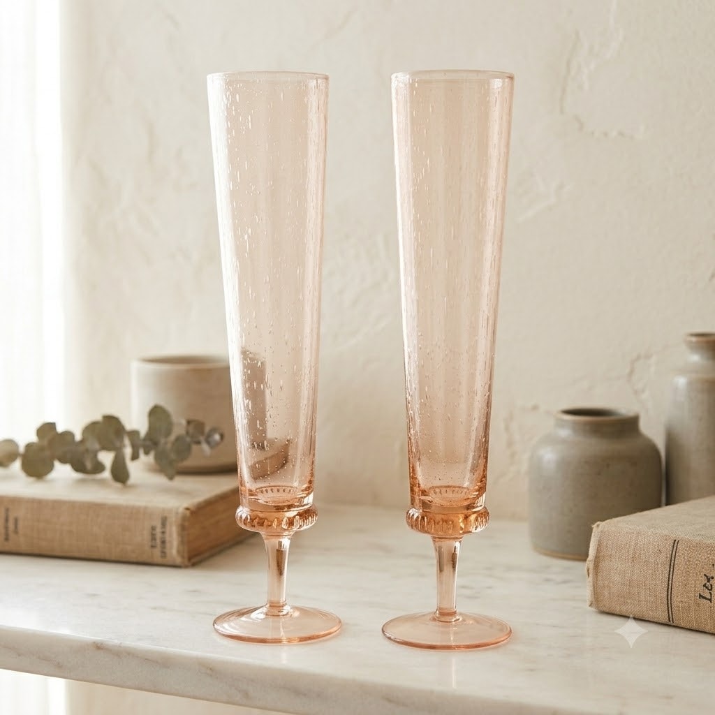 Set of 2 Anthropologie Amparo Champagne Flutes Blush Pink Control Bubble Glass