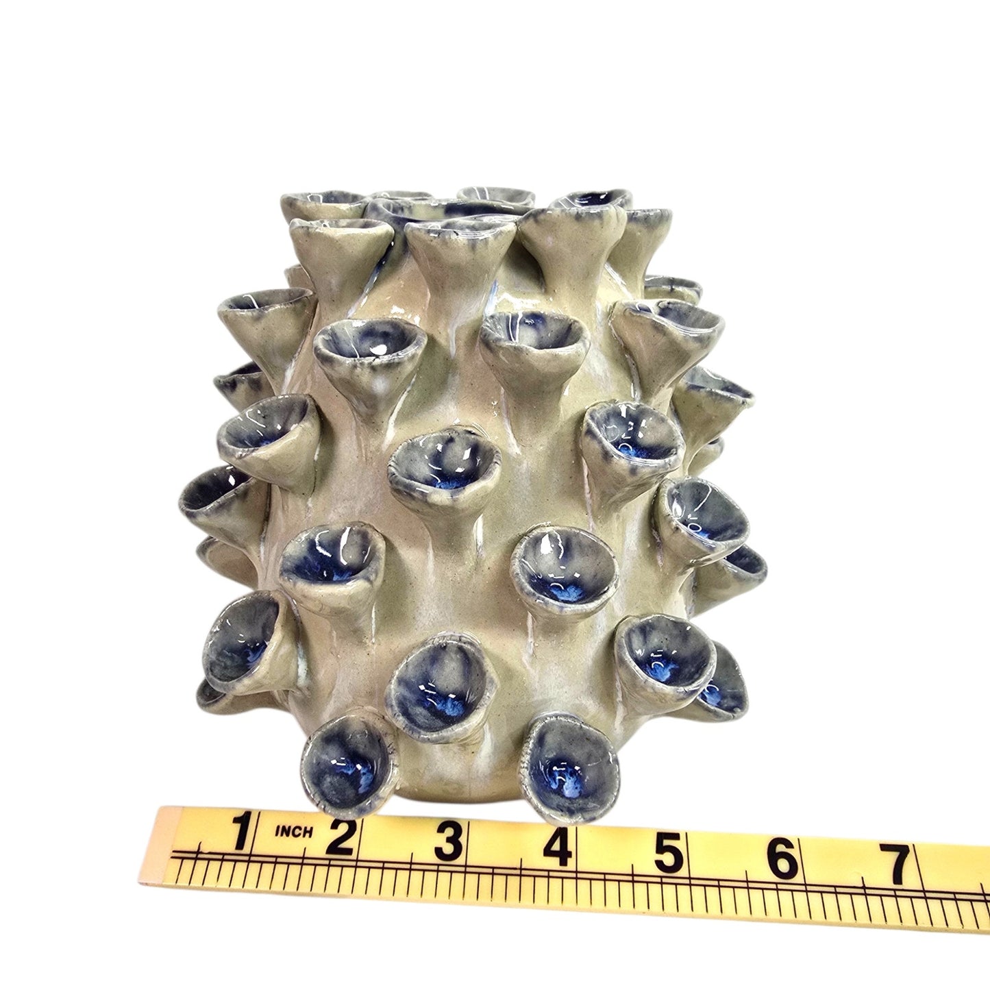 Vintage Art Pottery Barnacle Urchin Vase Thailand Blue Glaze Textured Figural 6"