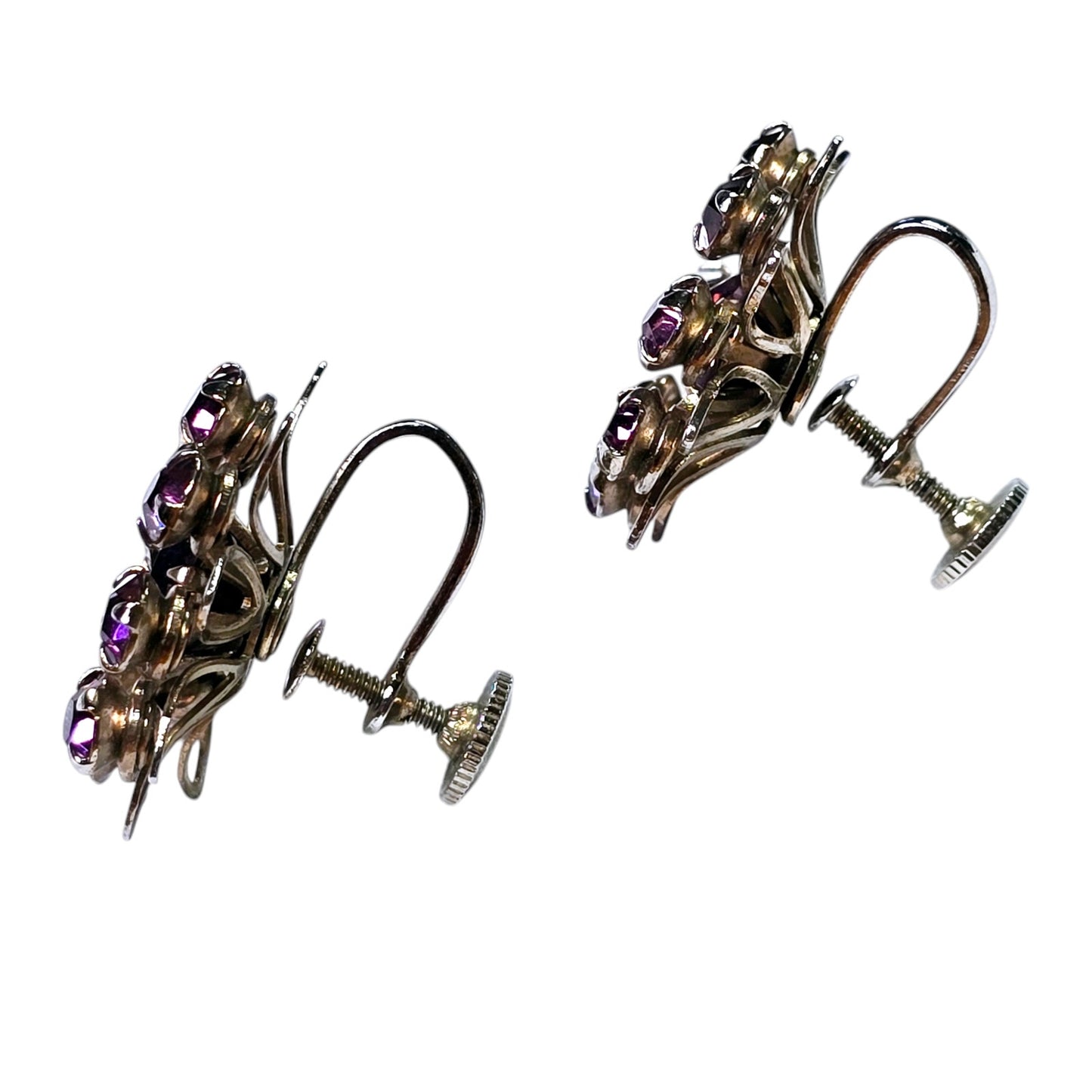 Vintage Purple Rhinestine Screw-Back Clip On Earrings, Shade of Purple Amythest Color, Flower Shape