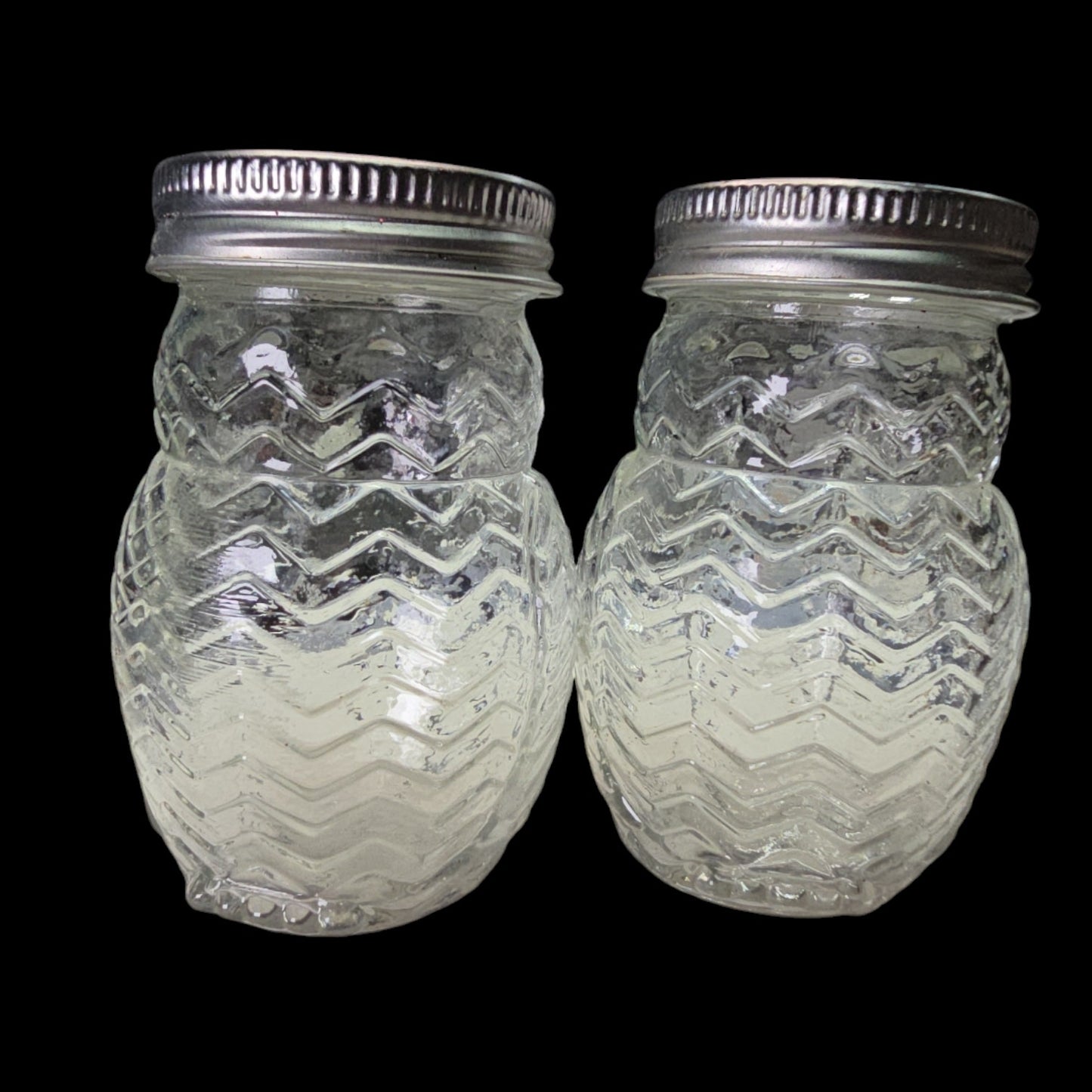 Set of 2 Glass Owl Shakers with Silver Tone Metal Lids, Embossed Floral Pattern