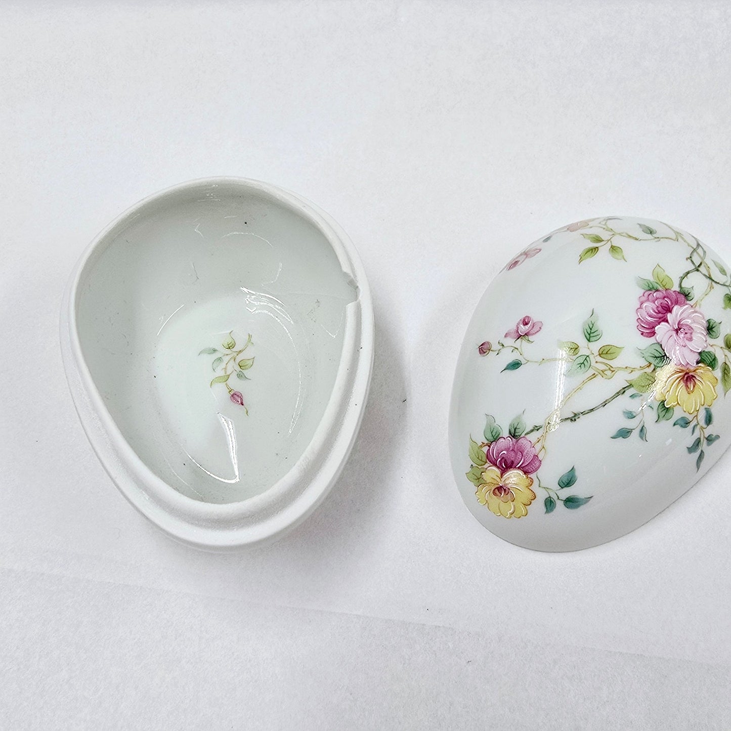 AS IS Vintage Limoges France Egg Trinket Box Lidded Floral, Hairline Fracture and Chip - For Cynthia