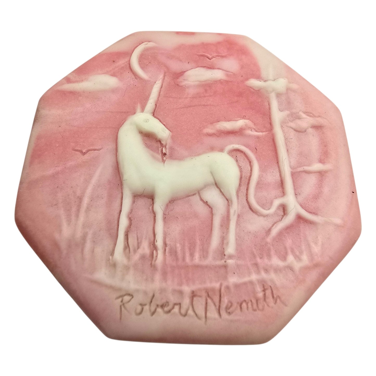 Robert Nemith Signed Incolay Stone Unicorn Trinket Box Relief Carved Mythical