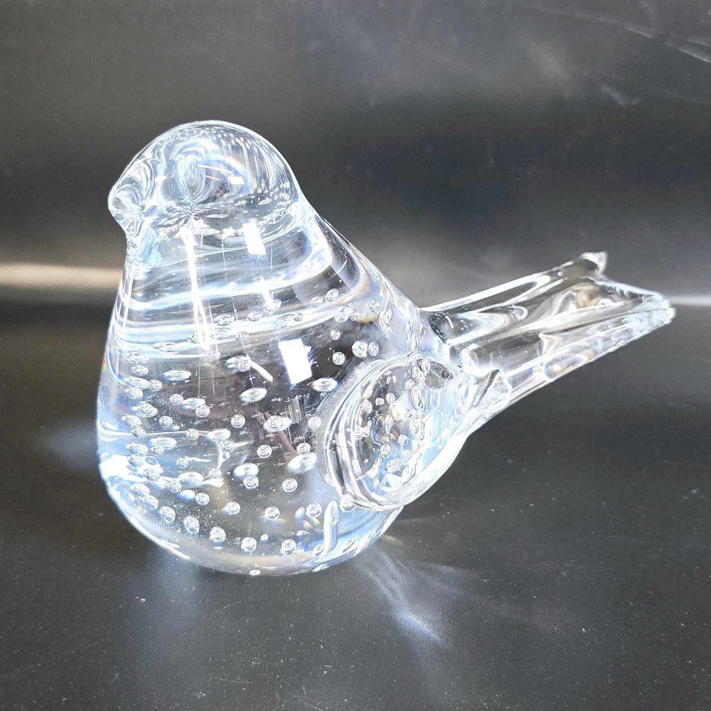 AS IS Handblown Clear Art Glass Bird, with Bullicante Bubbles, Polished Bottom, Chipped Tip of Tail Feather