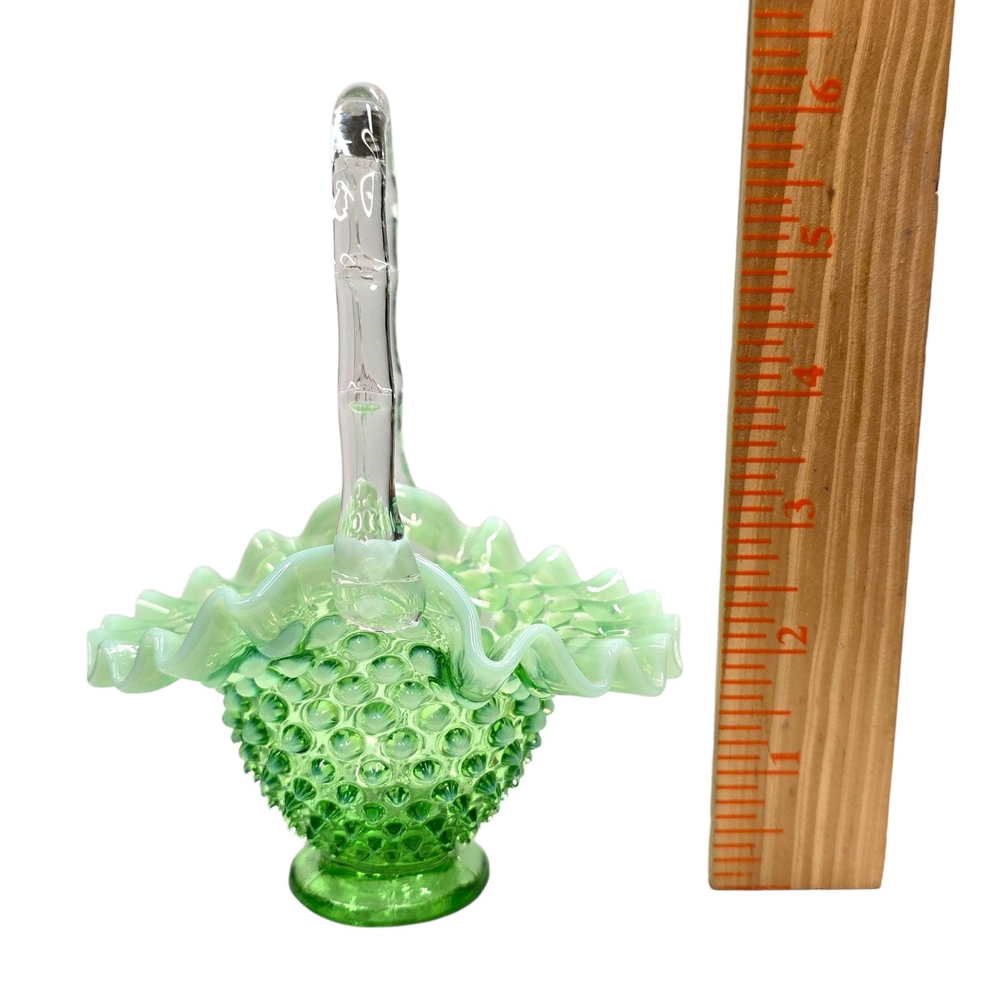 Fenton Green Opalescent Hobnail 3-Pc Set Uranium Vase Basket Dish Glows Green UV
