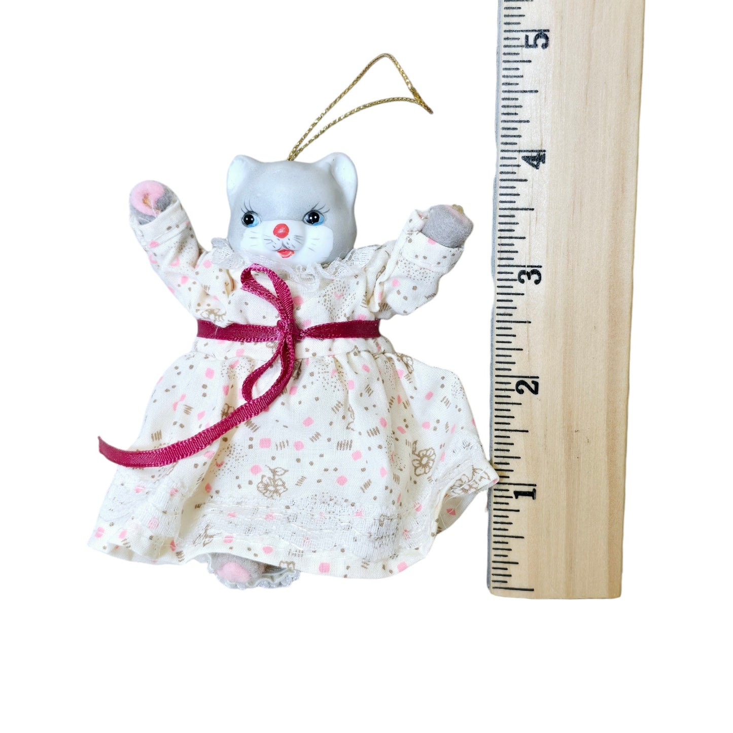 Vintage Porcelain Cat Ornament, Moveable Arms with Handmade Dress