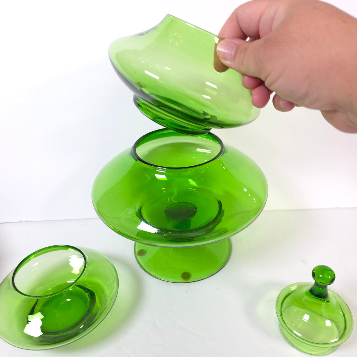 Vtg MCM Empoli Green Glass Christmas Tree Stacking Candy Apothecary Jar 4 Piece