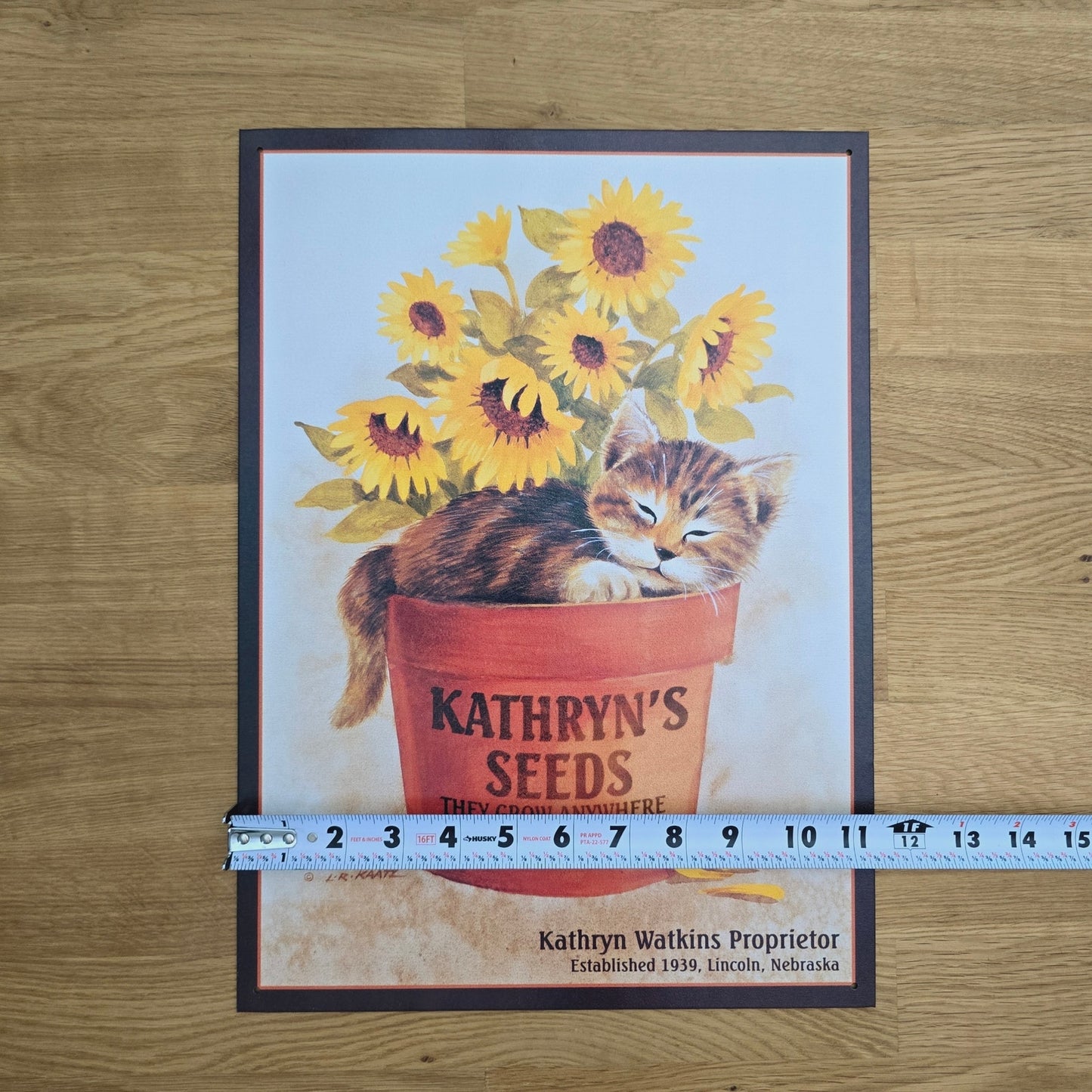 Vintage Kathryn's Seeds Kitten in Flower Pot Metal Sign Advertisement 1998 Lynn Kaatz Cat