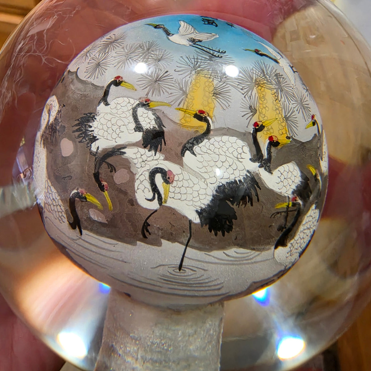 Vintage Chinese Inside-Painted Glass Sphere Hundred Cranes Ren-Wu 2002 4.5"