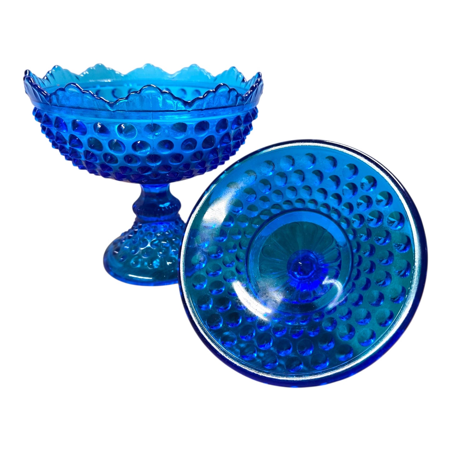 Vintage Blue Hobnail Covered Compote Pedestal Candy Dish – Glows Under 365nm UV