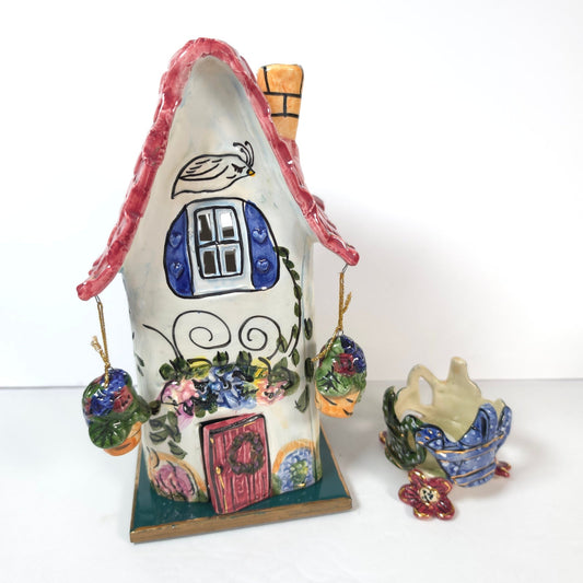Vintage Blue Sky Clayworks Cottage House + Watering Cans Tea Light Holder Set
