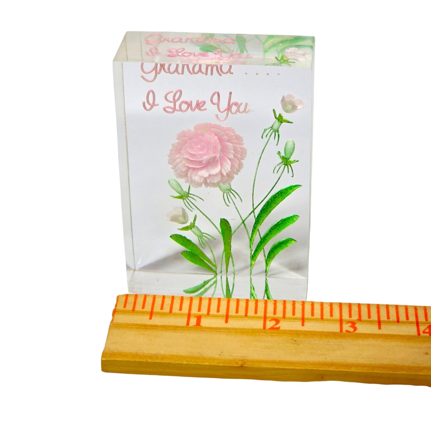 Vintage Lucite Paperweight Pink Carnation Grandma I Love You Flower Acrylic Art nbran