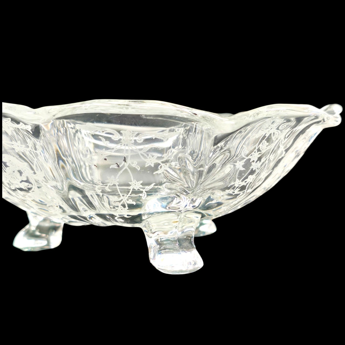 Vintage Fostoria Navarre Etched Clear Glass 3-Toed Scalloped Bon Bon Bowl 7"