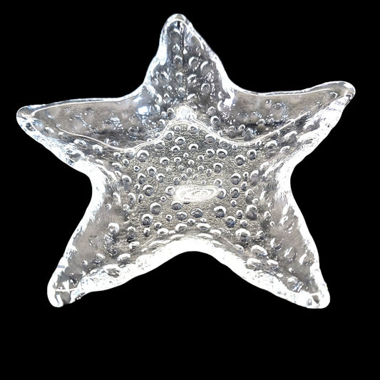 Clear Glass Star Fish Trinket Dish, Textured Bubble Glass 6" W