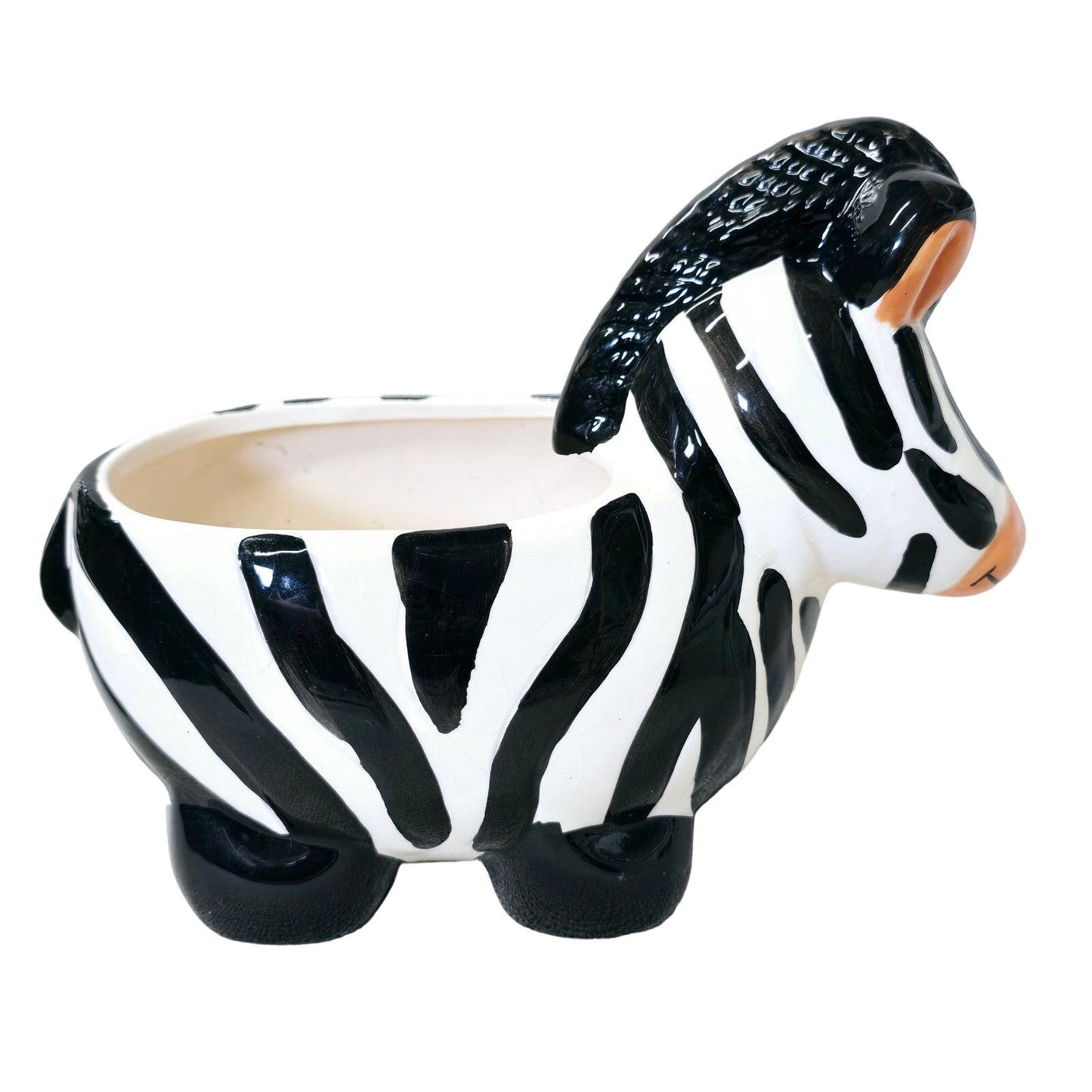 Fun Whimsical Ceramic Zebra Planter, Crazed