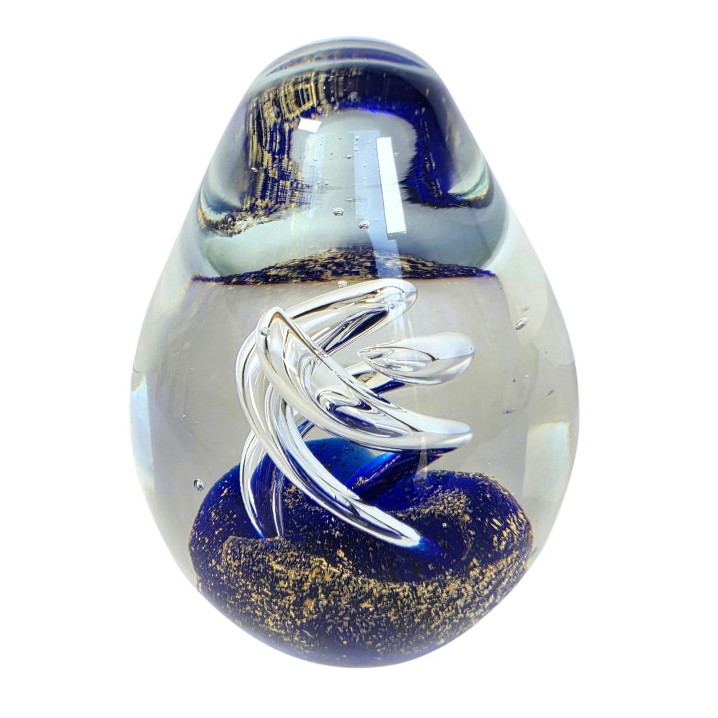 (Reserved for Customer) Vintage Art Glass Egg Paperweight Royal Blue Gold Fleck Aventurine Helix Swirl