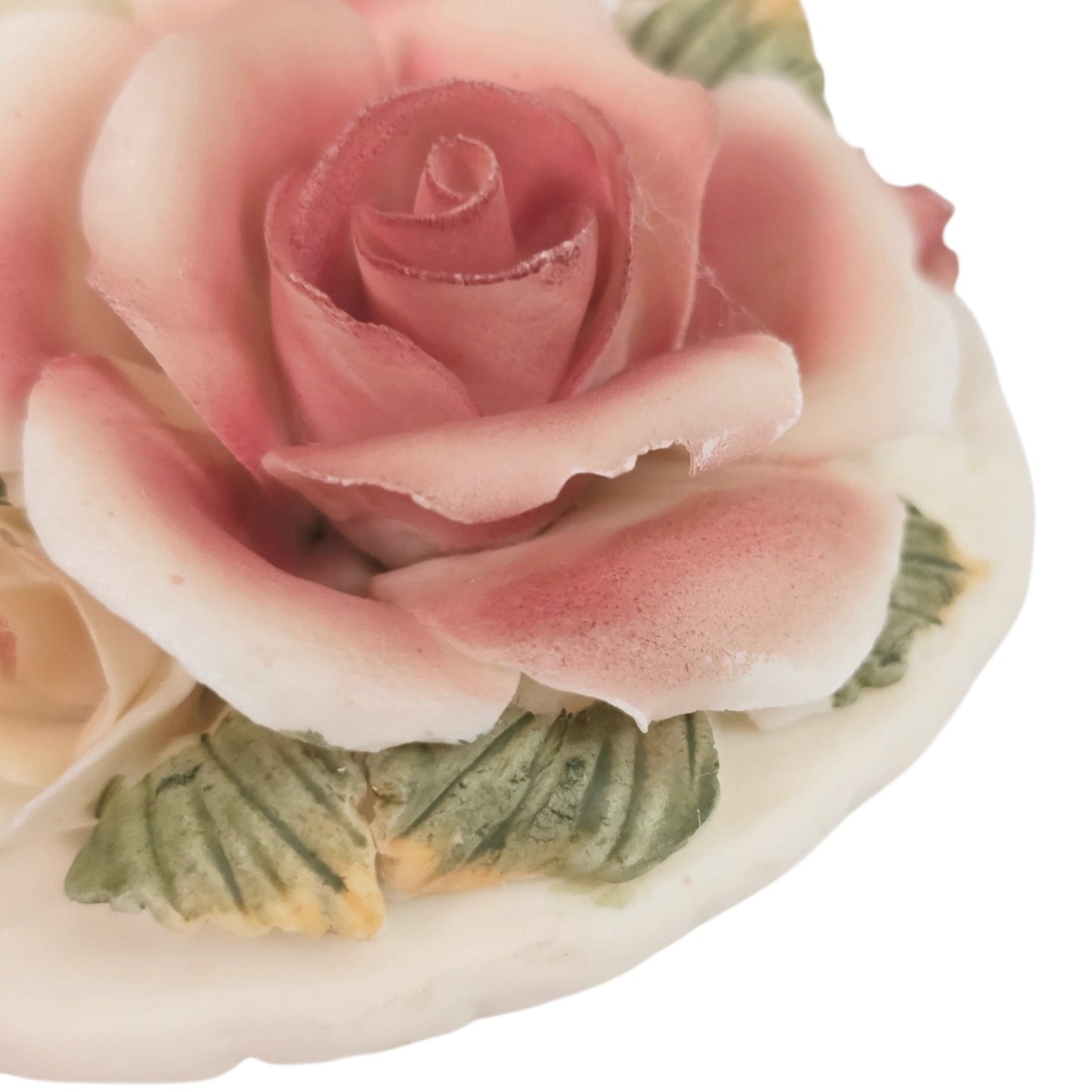 Vintage Porcelain Trinket Box Basket Pink Cream Rose Floral Lid Vanity Decor