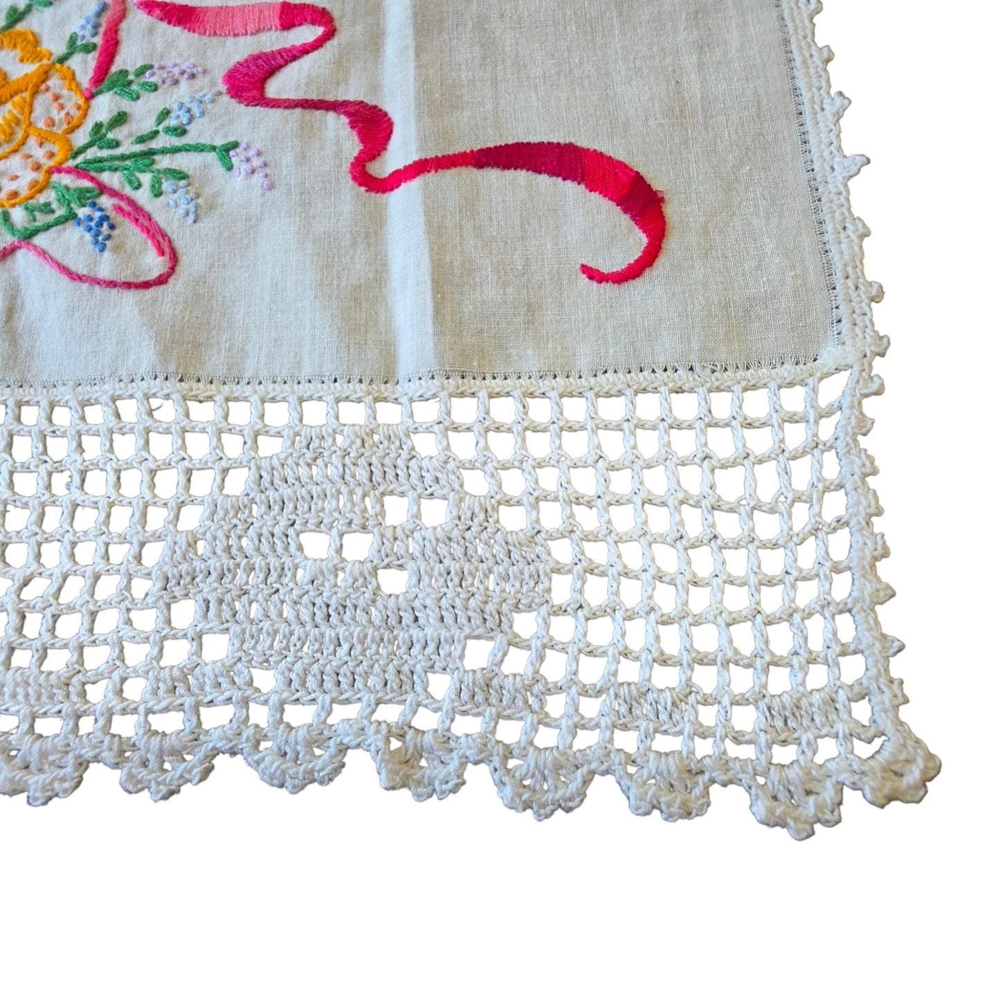 Vintage Floral Basket Embroidered Dresser Scarf Linen Runner Double Sided 32"