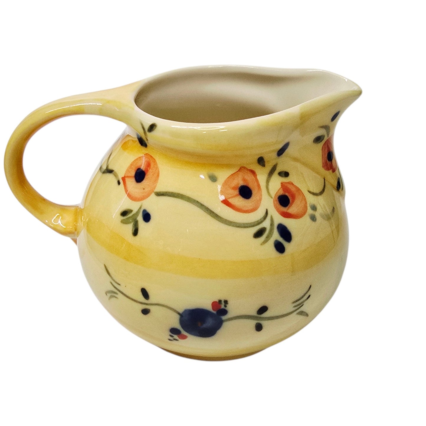 Vintage Yellow Pottery Pitcher Motto Ware Stenciled Quote Floral Small Creamer