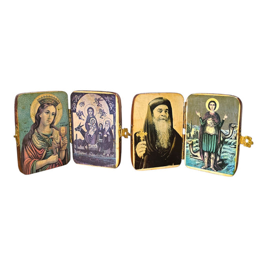 Vtg Wooden Folding Diptych Icons Lot of 2 Religious Pocket Keepsakes Saints Mary