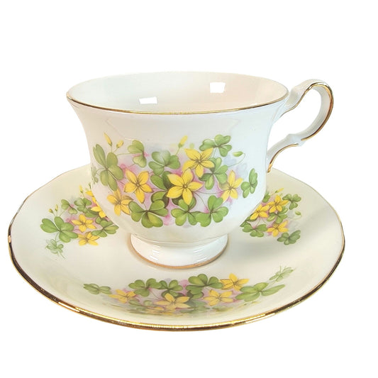 Queen Anne Teacup & Saucer Bone China, Made in England, Yellow Flowers & Clovers