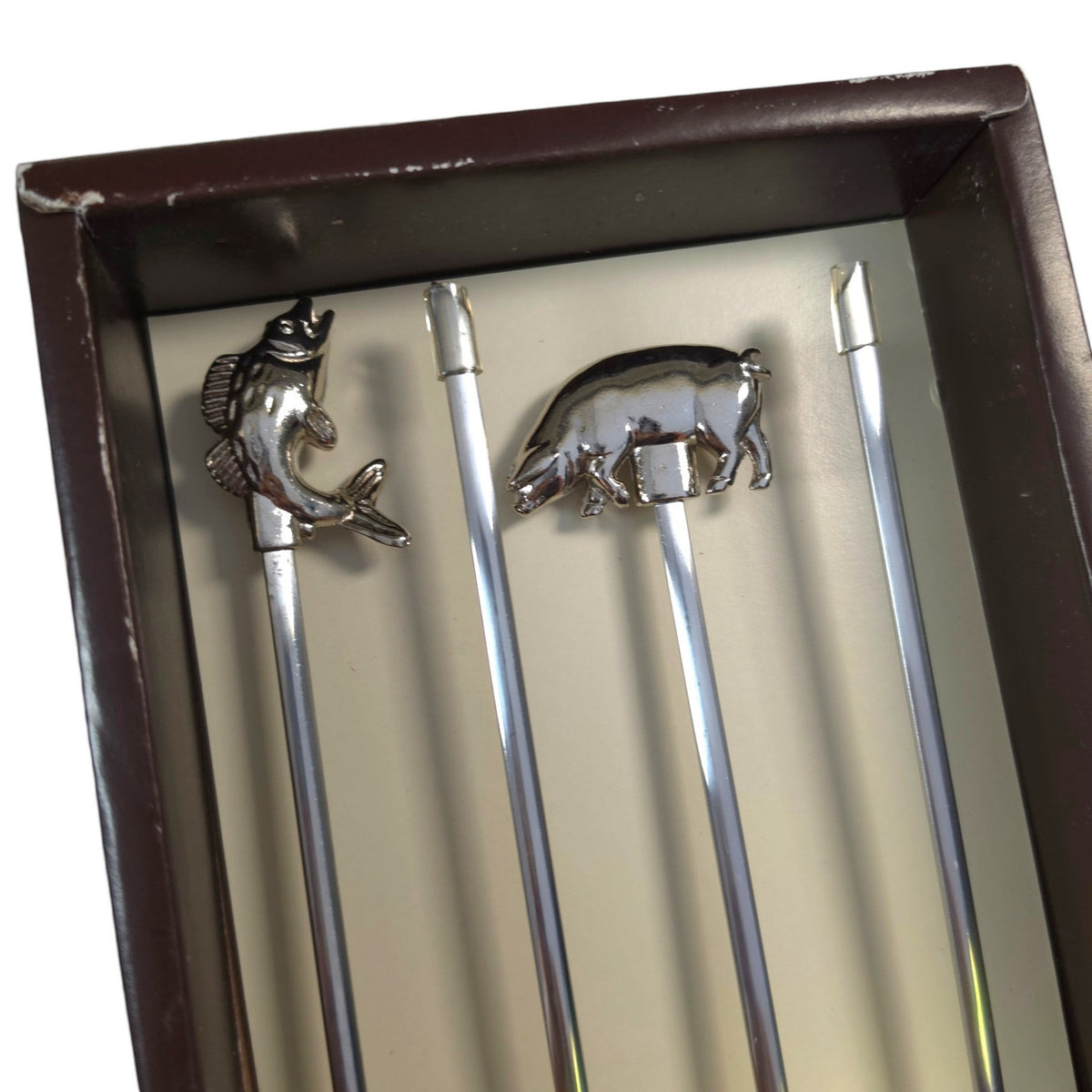 Williams-Sonoma Chrome Animal Skewers Set of 4 Cow Pig Rooster Fish NIB