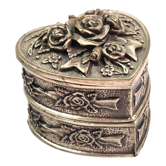 3-Pc Heart Stacked Pewter Trinket Box with Roses and Floral Motif, Signed