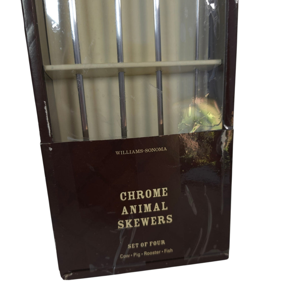Williams-Sonoma Chrome Animal Skewers Set of 4 Cow Pig Rooster Fish NIB