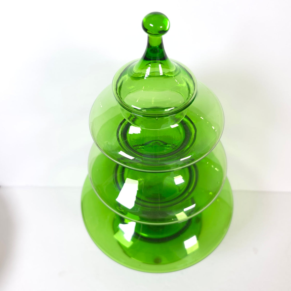 Vtg MCM Empoli Green Glass Christmas Tree Stacking Candy Apothecary Jar 4 Piece