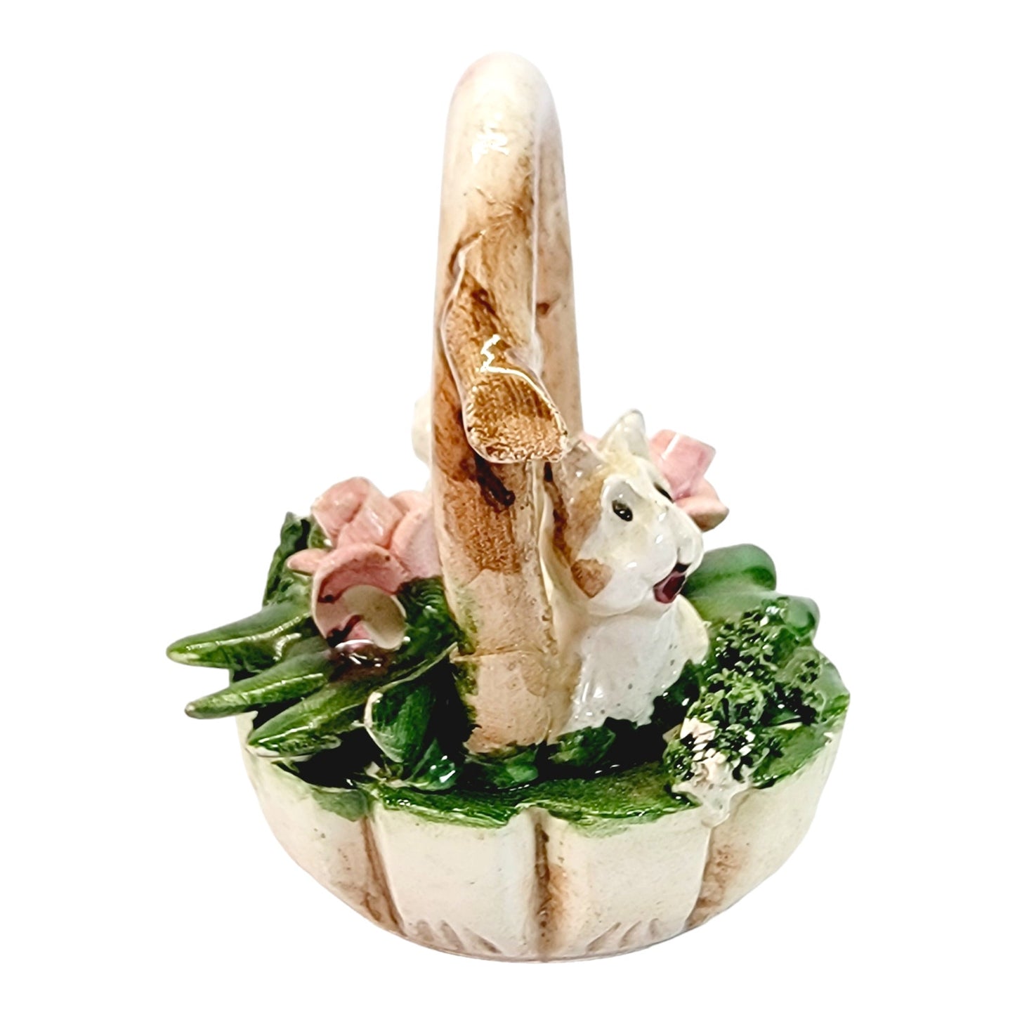 Vintage Capodimonte Italy Dogs (or cats) in a Basket with Flowers Porcelain Figurine