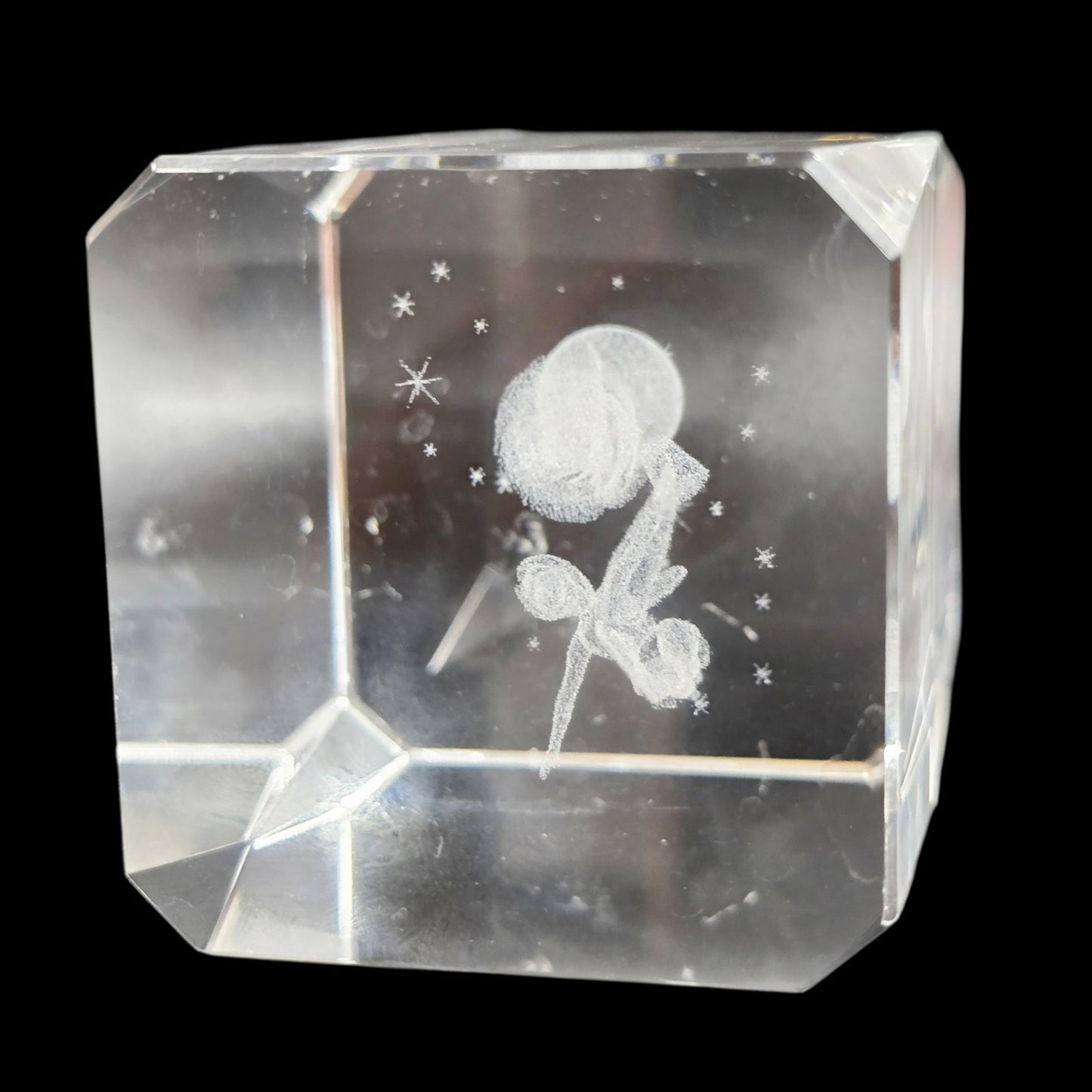 Disney Tinkerbell 3D Crystal Glass Cube Paperweight, Watering Flower Water Can