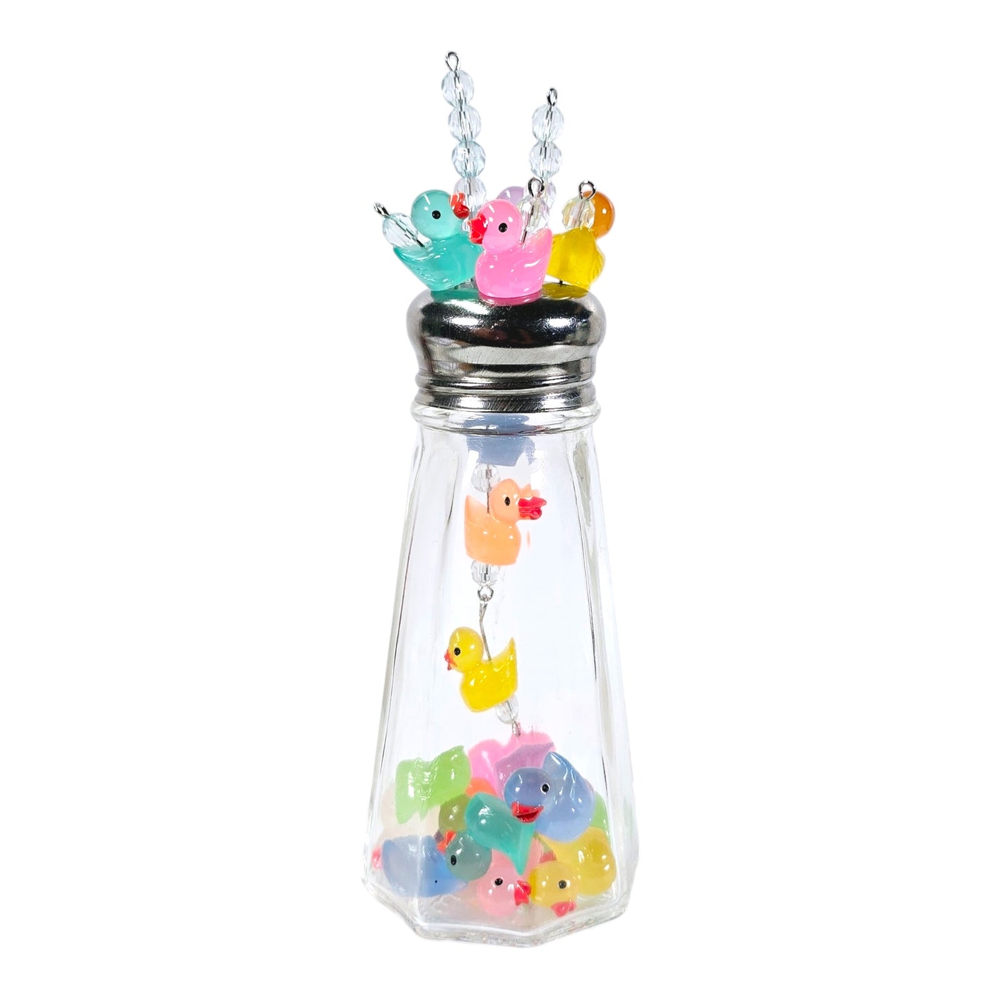 Glowy Ducks Salt Shaker Display Art Piece, Glowy Ducks in Glass Shaker Jar, 6" H with Pins