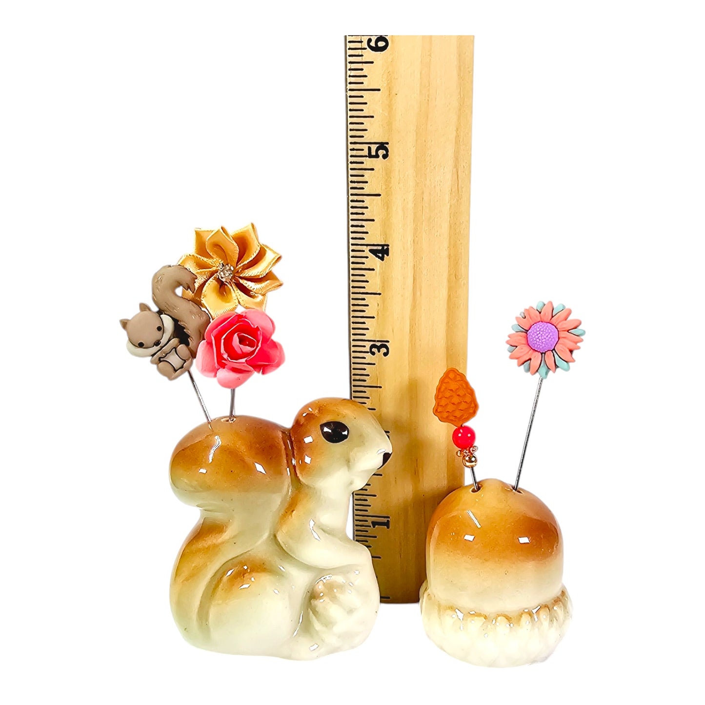 Vintage Squirrel Salt & Peppers Shaker Stick Pin Displays, 5 Handmade Stick Pins, 3.5" & 3.25" H with Pins