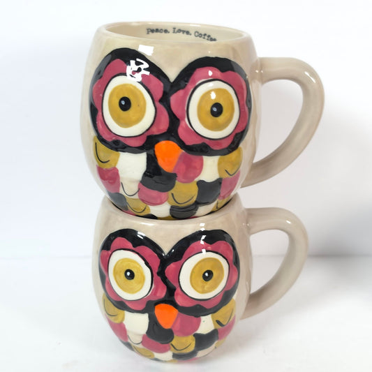 Natural Life Owl Coffee Mugs Set of 2 Peace Love Coffee Cream Colorful