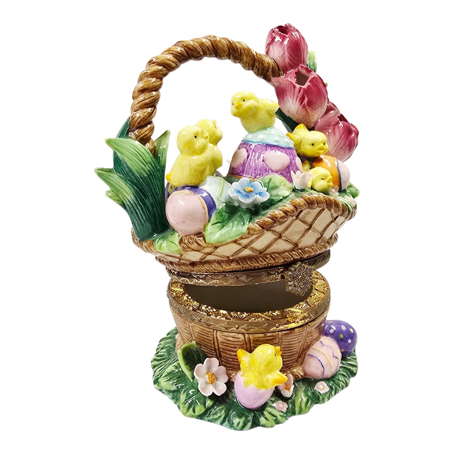 Large Hinged Ceramic Easter Basket Trinket Box Floral Chicks & Eggs Spring Decor