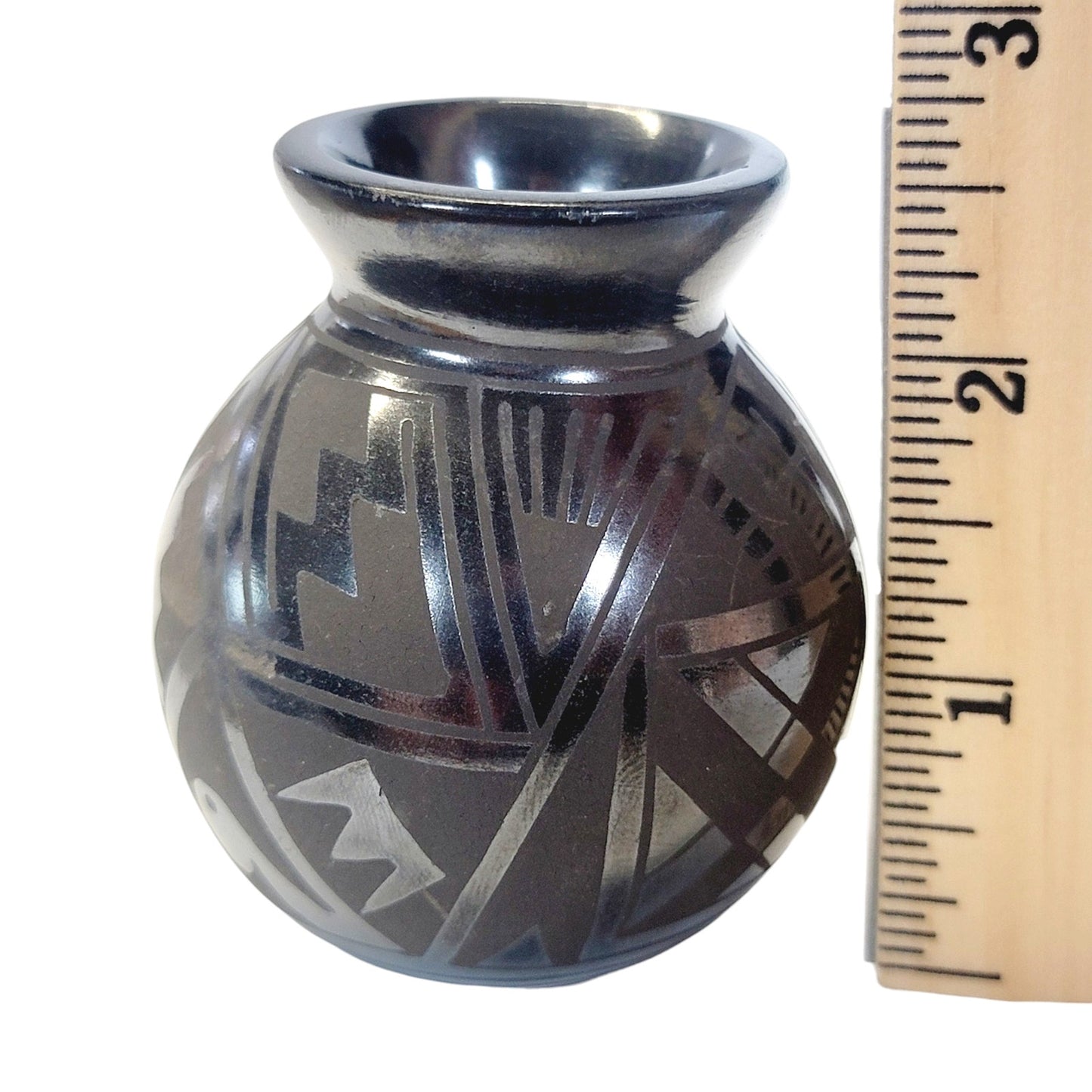 Mata Ortiz Black on Black Small Etched Pottery Vase Signed RRR, Mexico