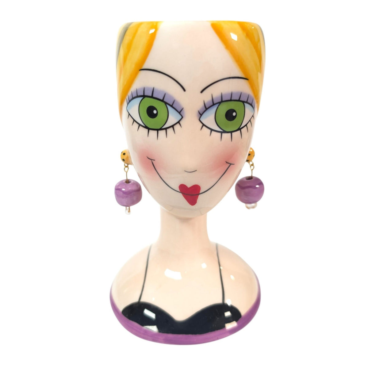 BABS Whimsical Ceramic Lady Head Vase Blonde Green Eyes Purple Earrings