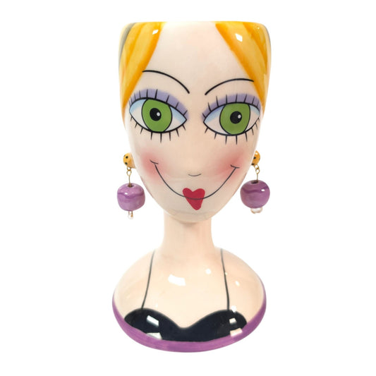 BABS Whimsical Ceramic Lady Head Vase Blonde Green Eyes Purple Earrings