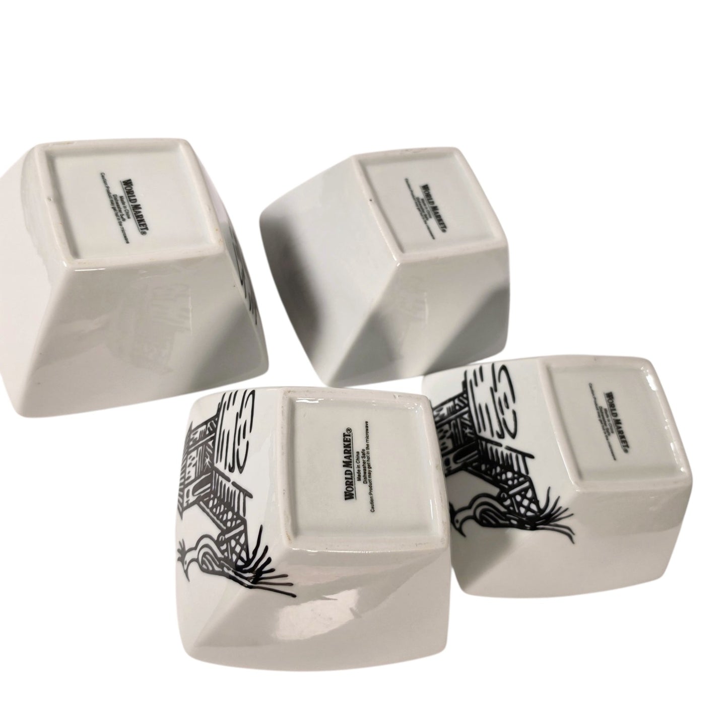 World Market Set of 4 Square Noodle Bowls Asian Pagoda Bird Japandi Boho Minimal