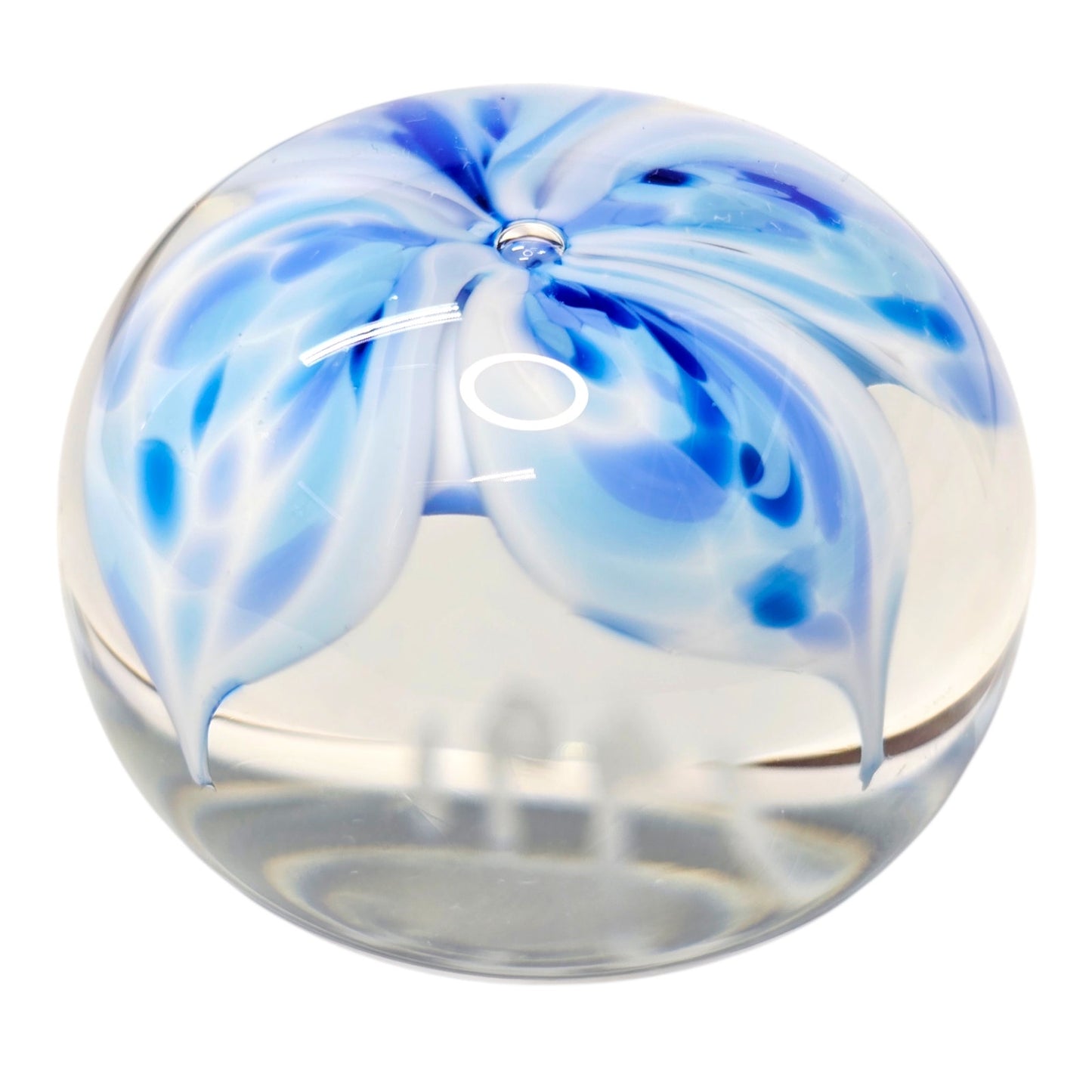 Signed Jodi Bove 1991 Art Glass Paperweight Blue White Floral Swirl Flower 2"