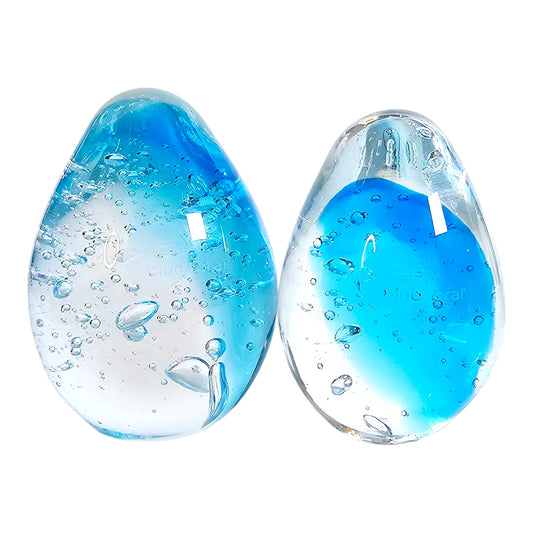 Set of 2 Art Glass Teardrop Egg Paperweights, Blue Swirl with Control Bubbles