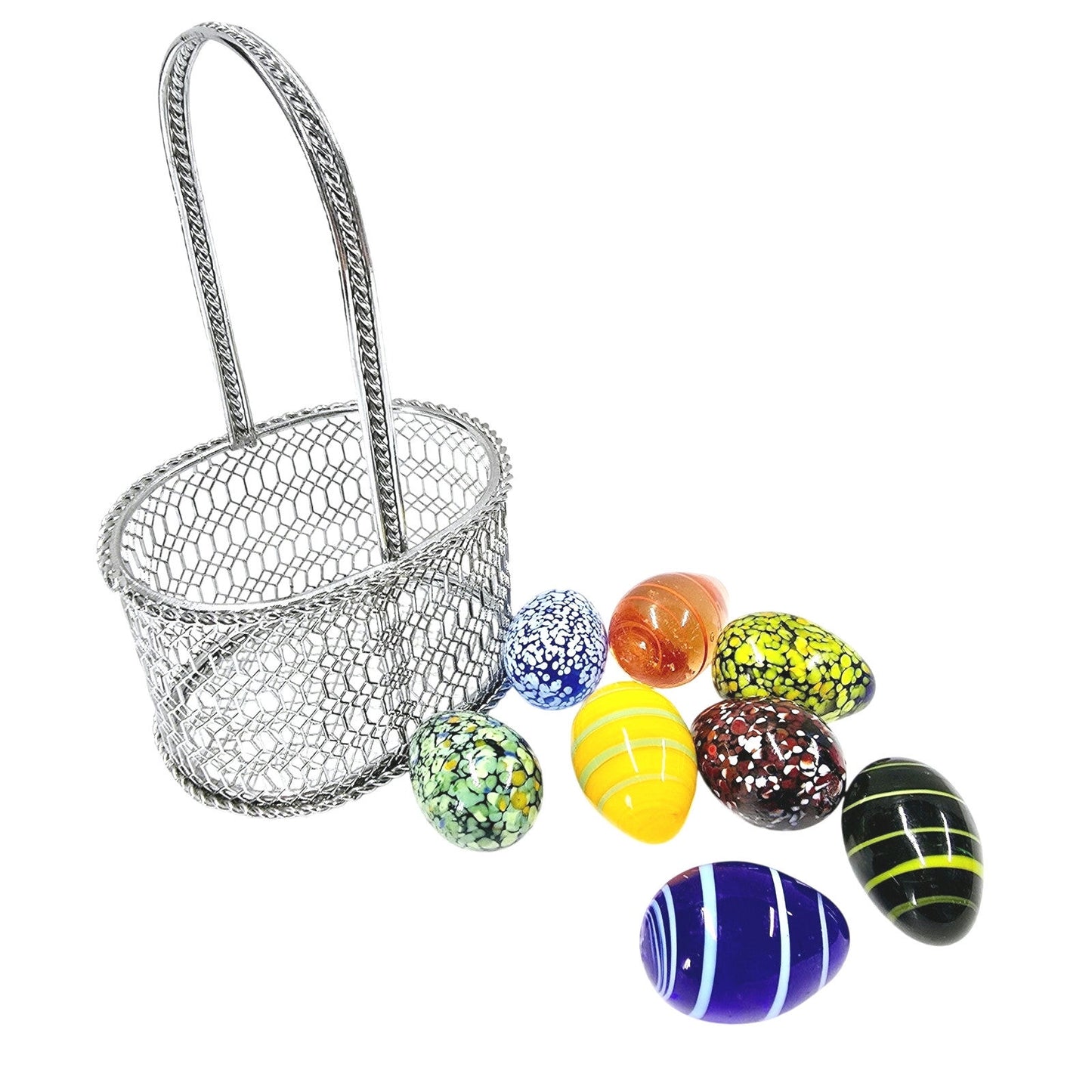 Set of 8 Handblown Small Glass Eggs, Colorful Artisan Glass Eggs in Metal Basket