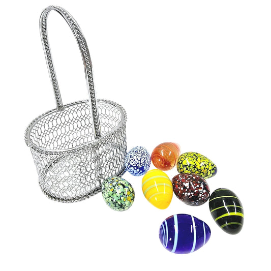 Set of 8 Handblown Small Glass Eggs, Colorful Artisan Glass Eggs in Metal Basket