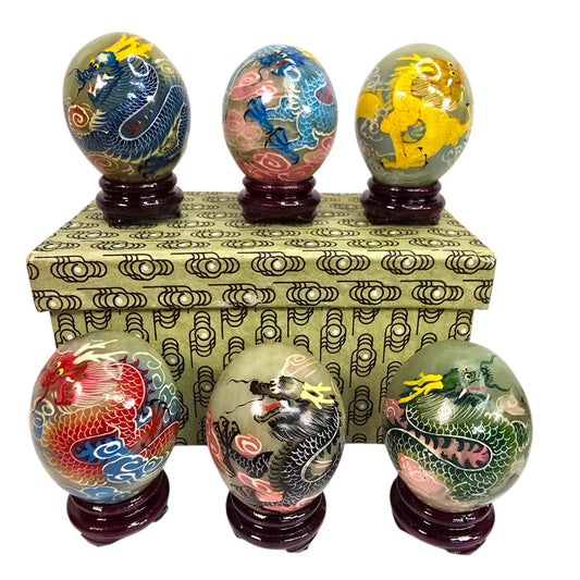 Vtg Set of 6 Chinese Hand Painted Dragon Eggs Green Marble Stone w/ Stands & Box